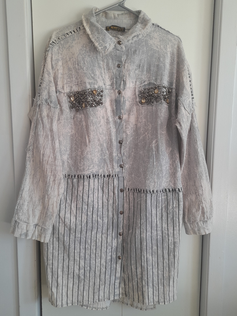 Light Gray Embellished Mini Shirt Dress by